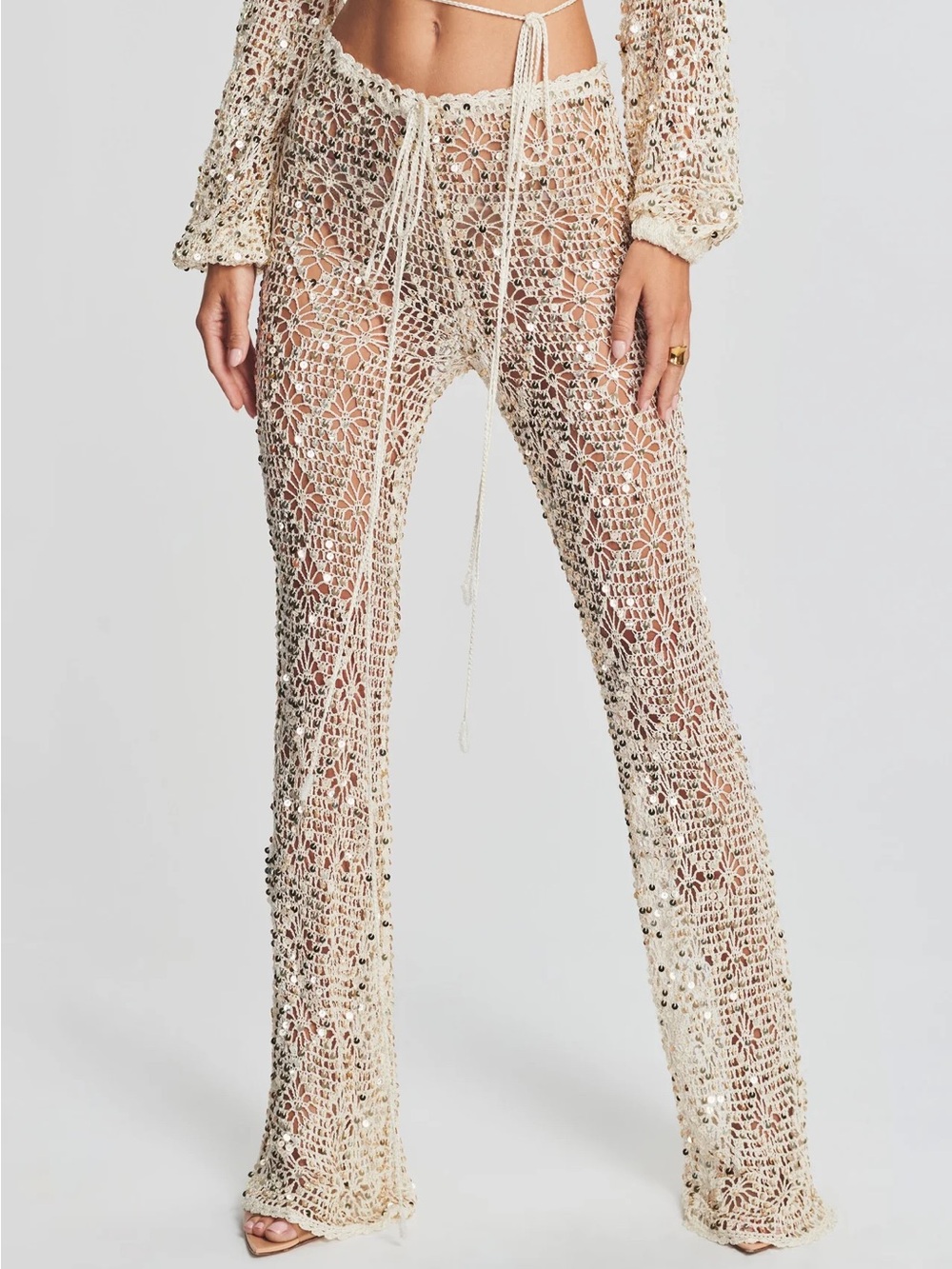 Retrofete Brendi Sequin Crochet Pants in Ivory Gold
